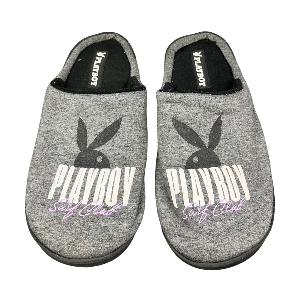 Playboy Surf Club Slippers Mens Large 8-9 Heather Grey Fleece Lined House Shoes